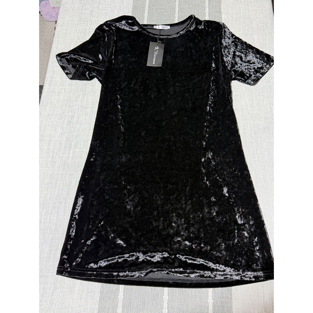 R.Vivimos Womens Black Crushed Velvet Short Sleeve Mini Dress Size L 12/14